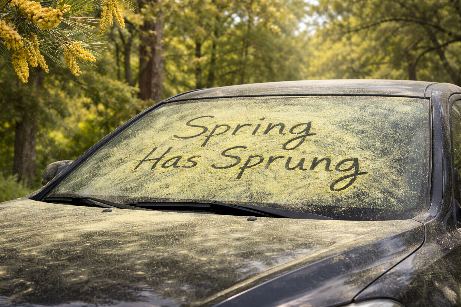 yellow pollen covering car windshield in southeast texas during spring pollen season